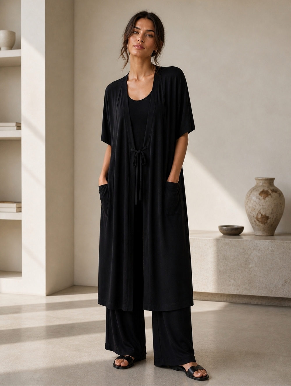 EILEEN FISHER Duster Womens size 16 Black Minimalist Quiet Luxury Tencel Luxury